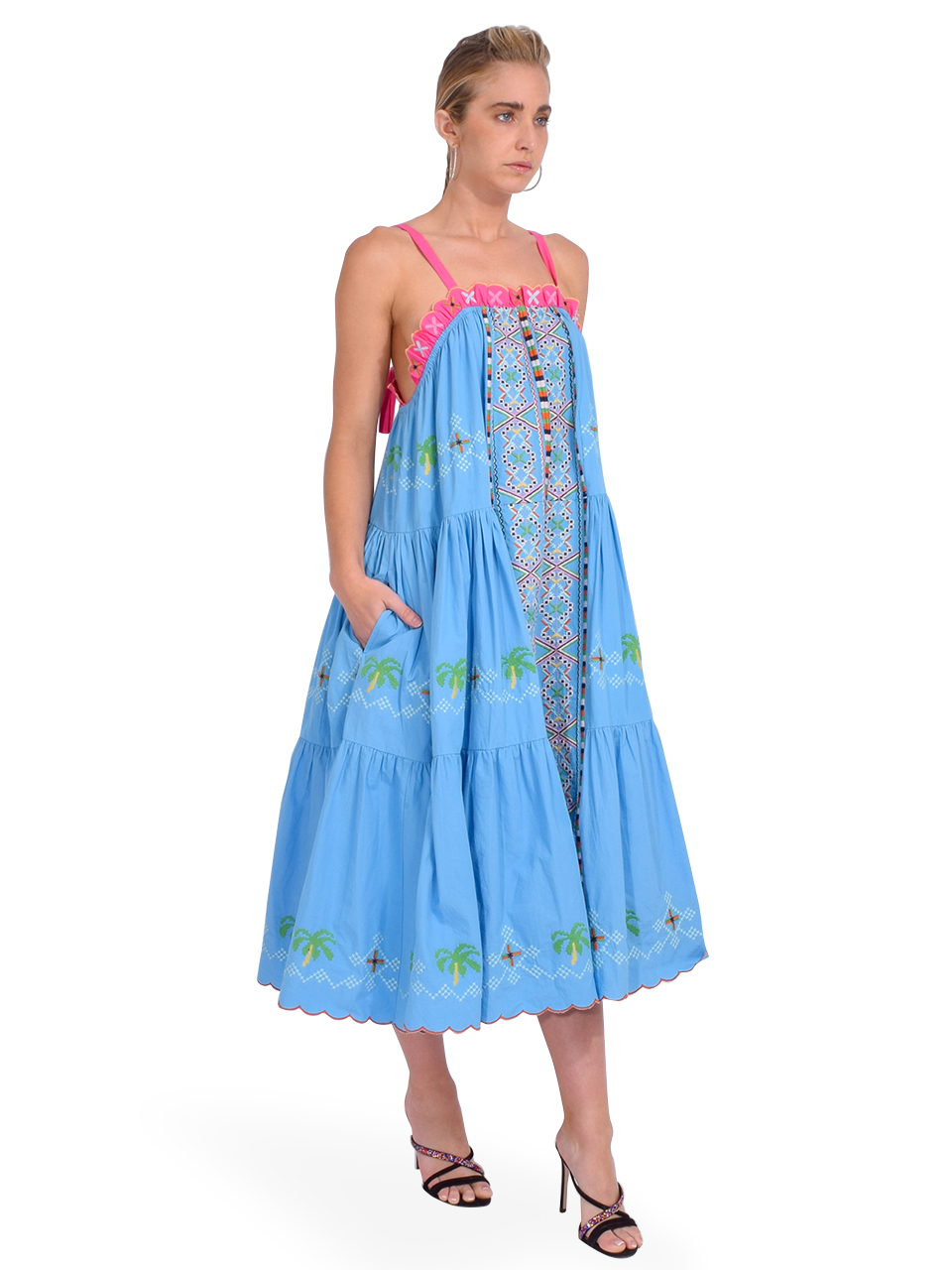 RUE DE LA LUNE Hortensia Embroidered Dress in Blue Side View 
