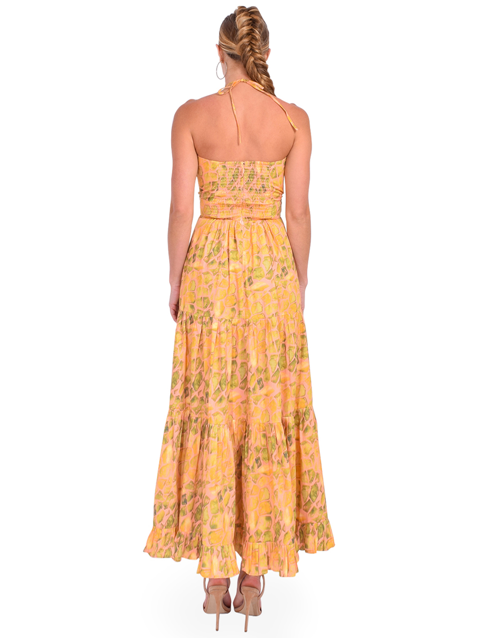 KARINA GRIMALDI Dawn Print Maxi Dress in Apricot Stones Back View 