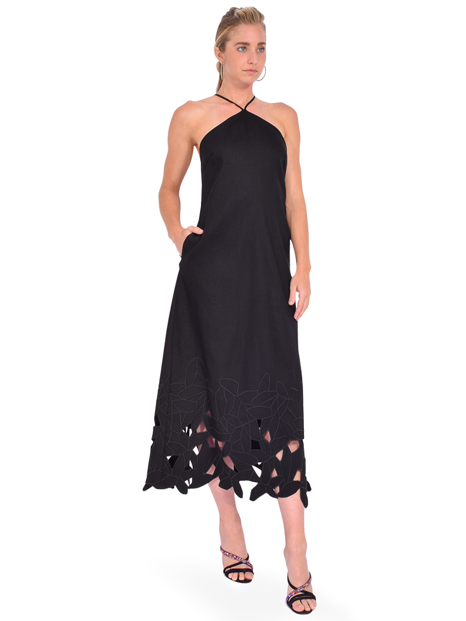 SIMKHAI Simone Abstract Halter Midi Dress in Black Side View 