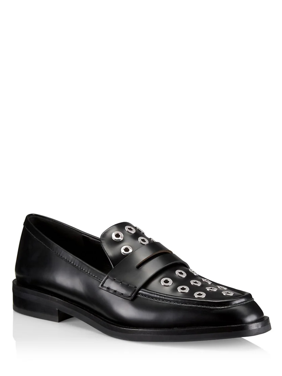 3.1 Phillip Lim Alexa Eyelet Stud Penny Loafer in Black 3/4 View