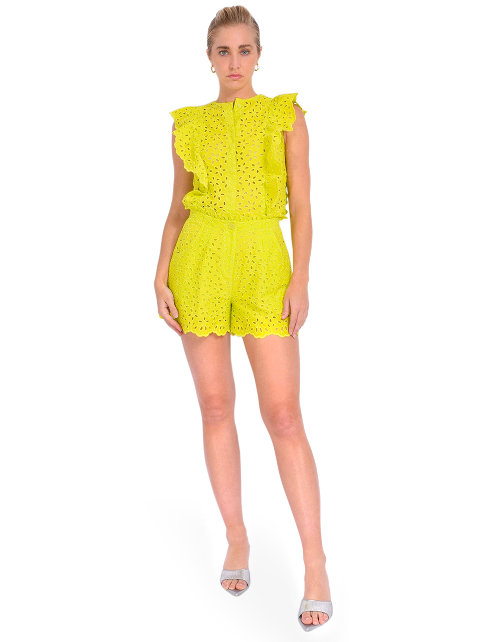 ESSENTIEL ANTWERP Damanna Embroidered Top in Limoncello Full Outfit 