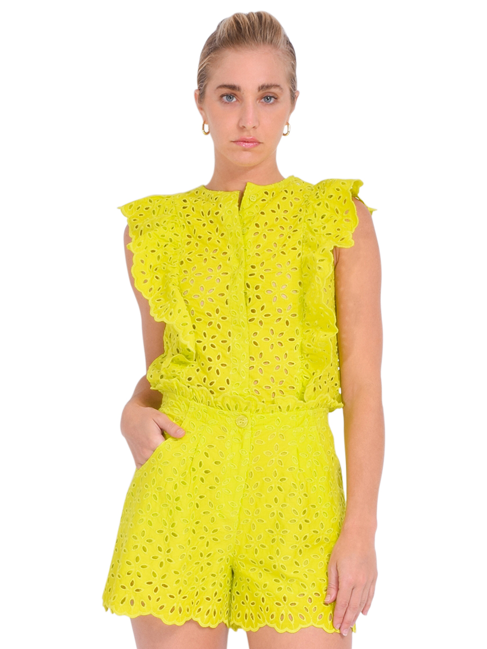 ESSENTIEL ANTWERP Damanna Embroidered Top in Limoncello Front View 