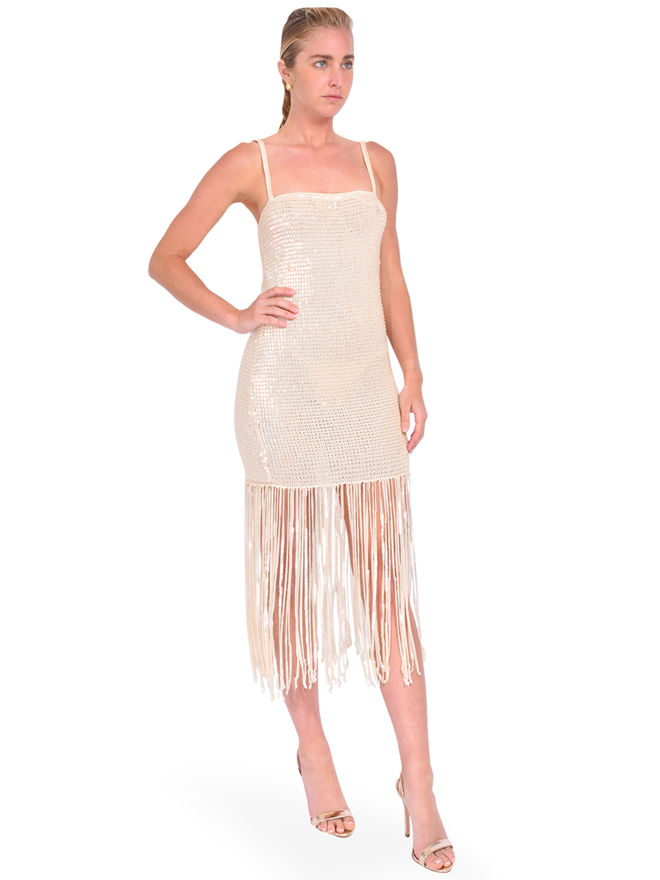 RETROFETE Nalu Sequin Crochet Dress in Iridescent Ivory Side View 
