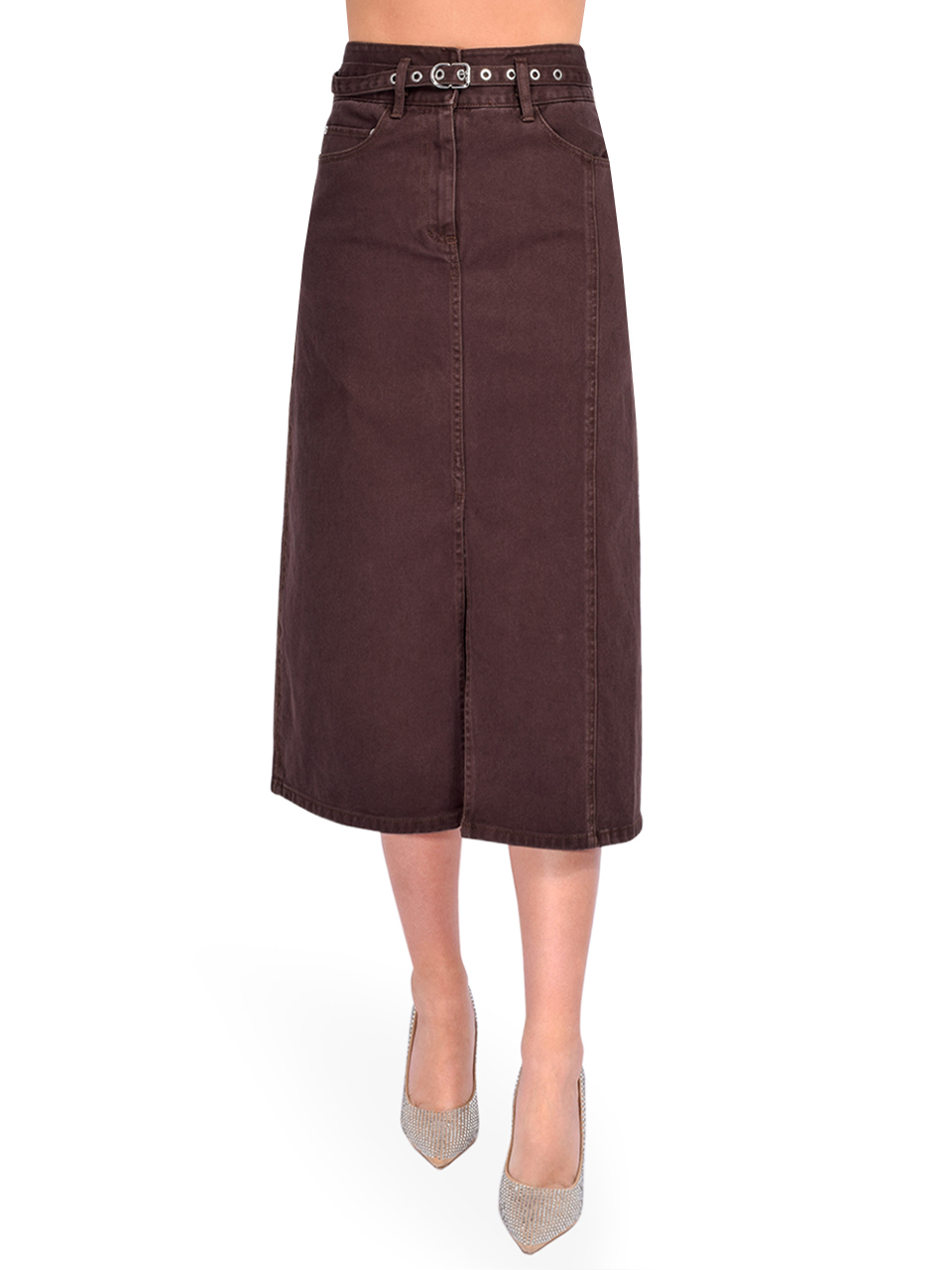 3.1 Phillip Lim Denim A-Line Skirt in Coffee Front View 