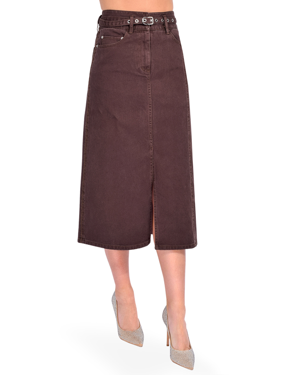 3.1 Phillip Lim Denim A-Line Skirt in Coffee Side View 