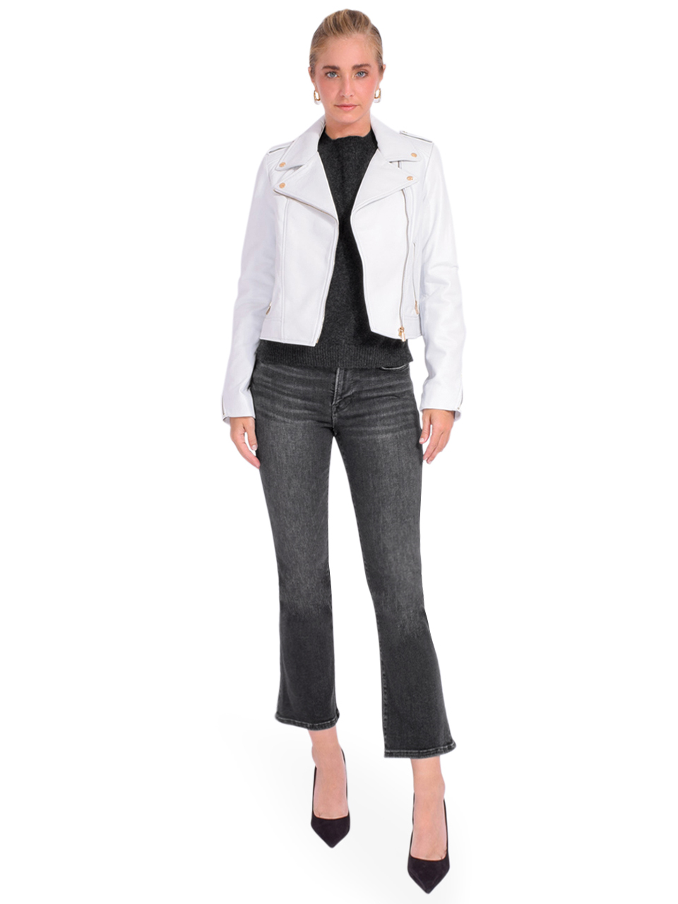 LAMARQUE Donna Iconic Leather Biker Jacket in White Full Outfit 