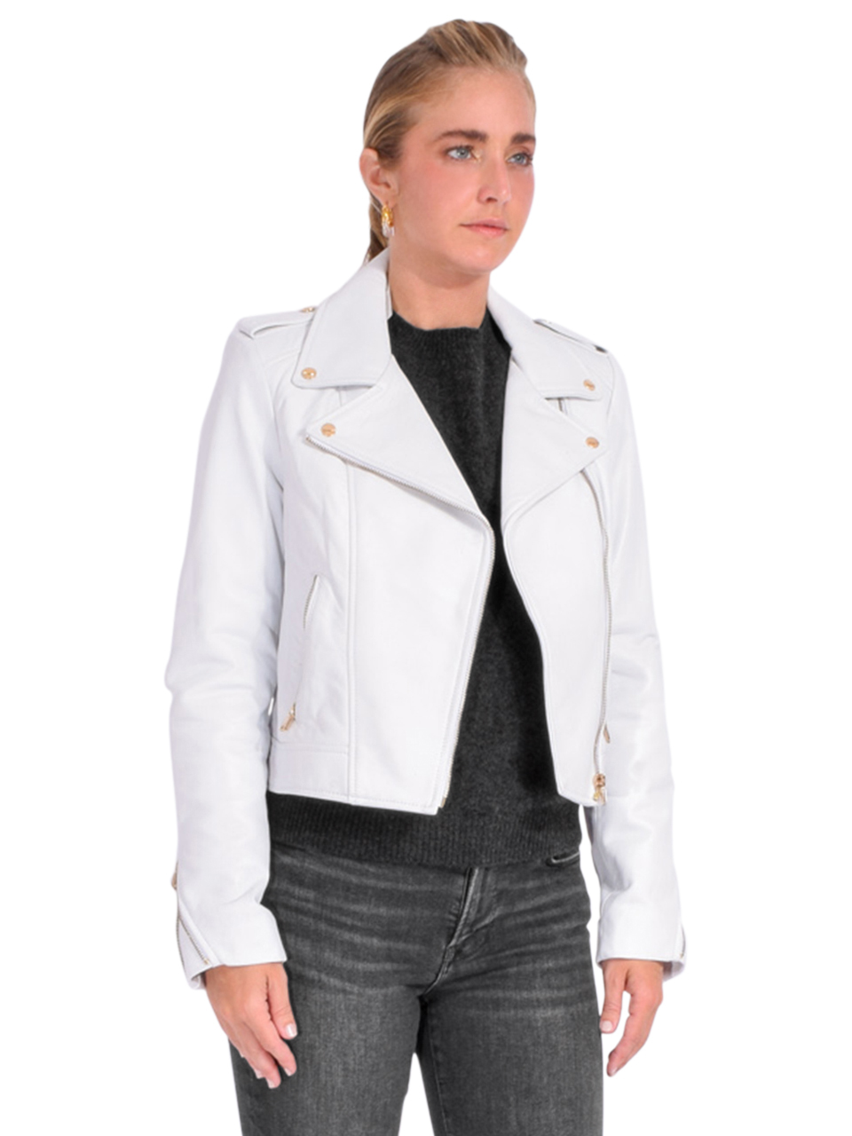 LAMARQUE Donna Iconic Leather Biker Jacket in White Side View 