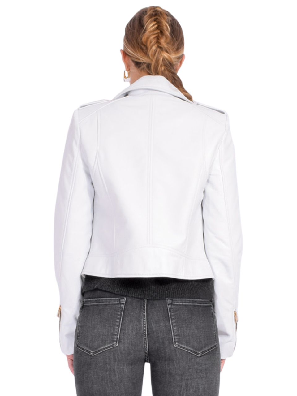 LAMARQUE Donna Iconic Leather Biker Jacket in White Back View 