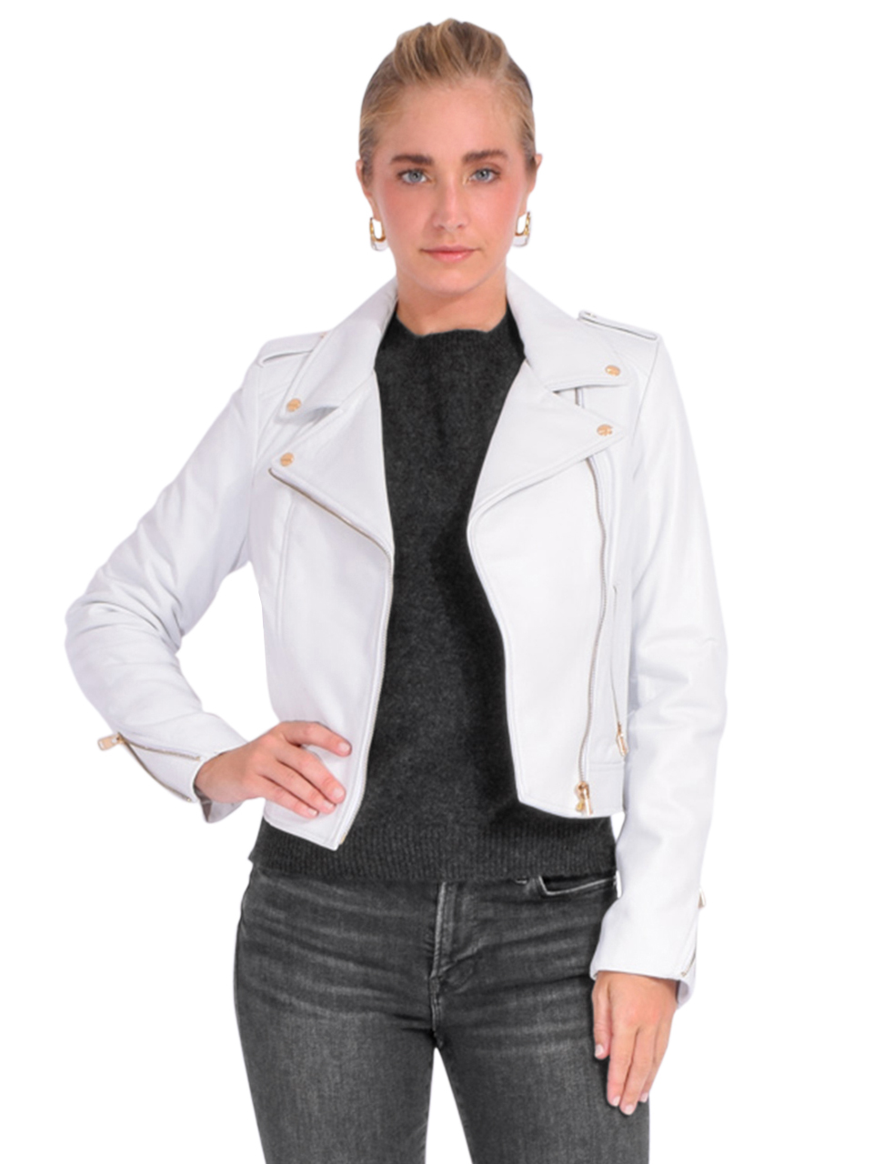 LAMARQUE Donna Iconic Leather Biker Jacket in White Front View 