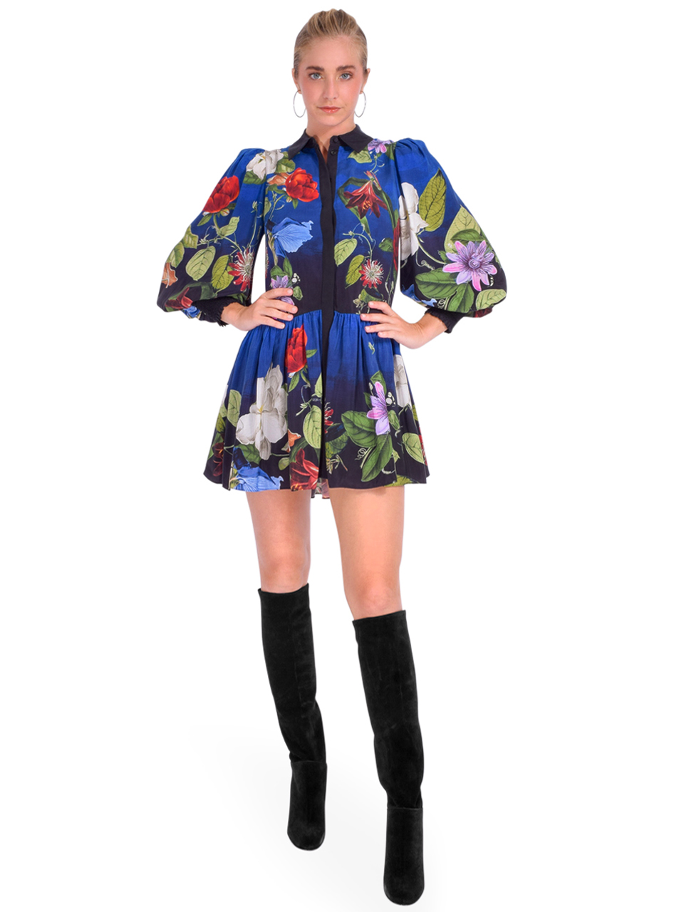 ALICE + OLIVIA Bertha Blouson Sleeve Shirt Dress Front View 2 