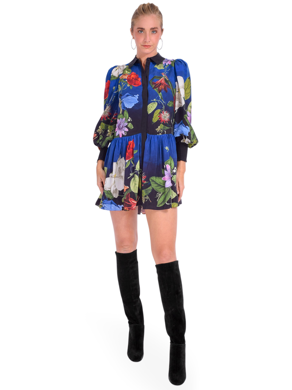 ALICE + OLIVIA Bertha Blouson Sleeve Shirt Dress Front View 1