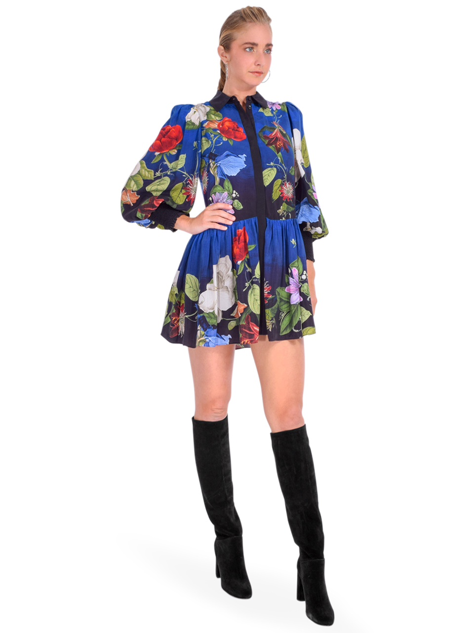 ALICE + OLIVIA Bertha Blouson Sleeve Shirt Dress Side View 