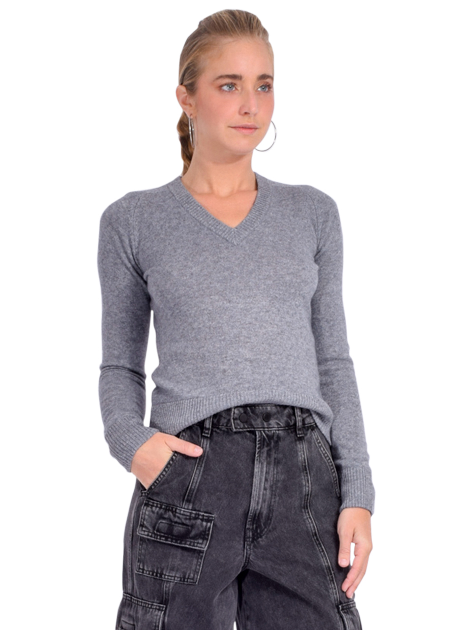 MINNIE ROSE Cashmere V-Neck Raglan Pullover in Gray Side View 