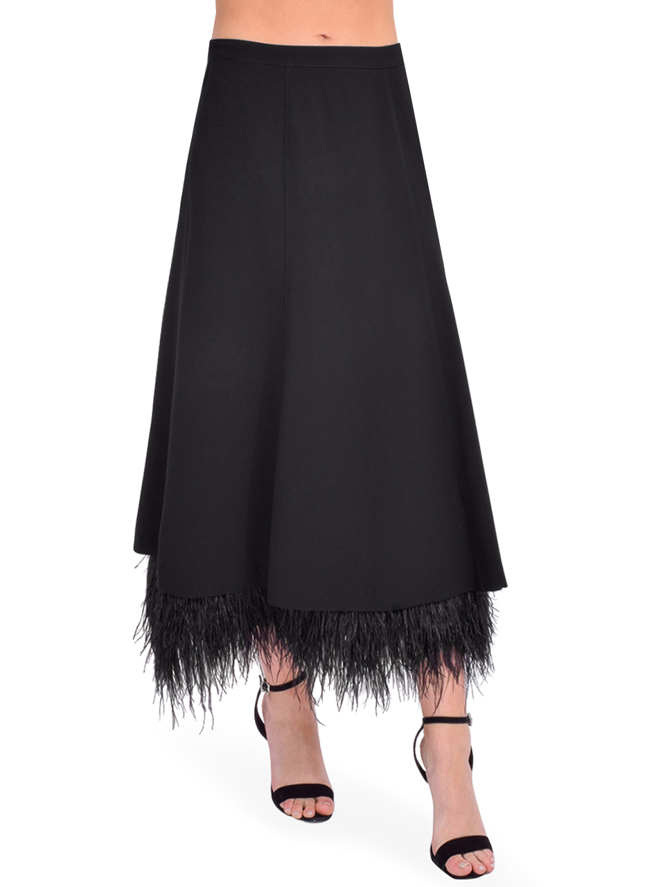Cinq à Sept Ryleigh Feather Trim Midi Skirt in Black Side View 