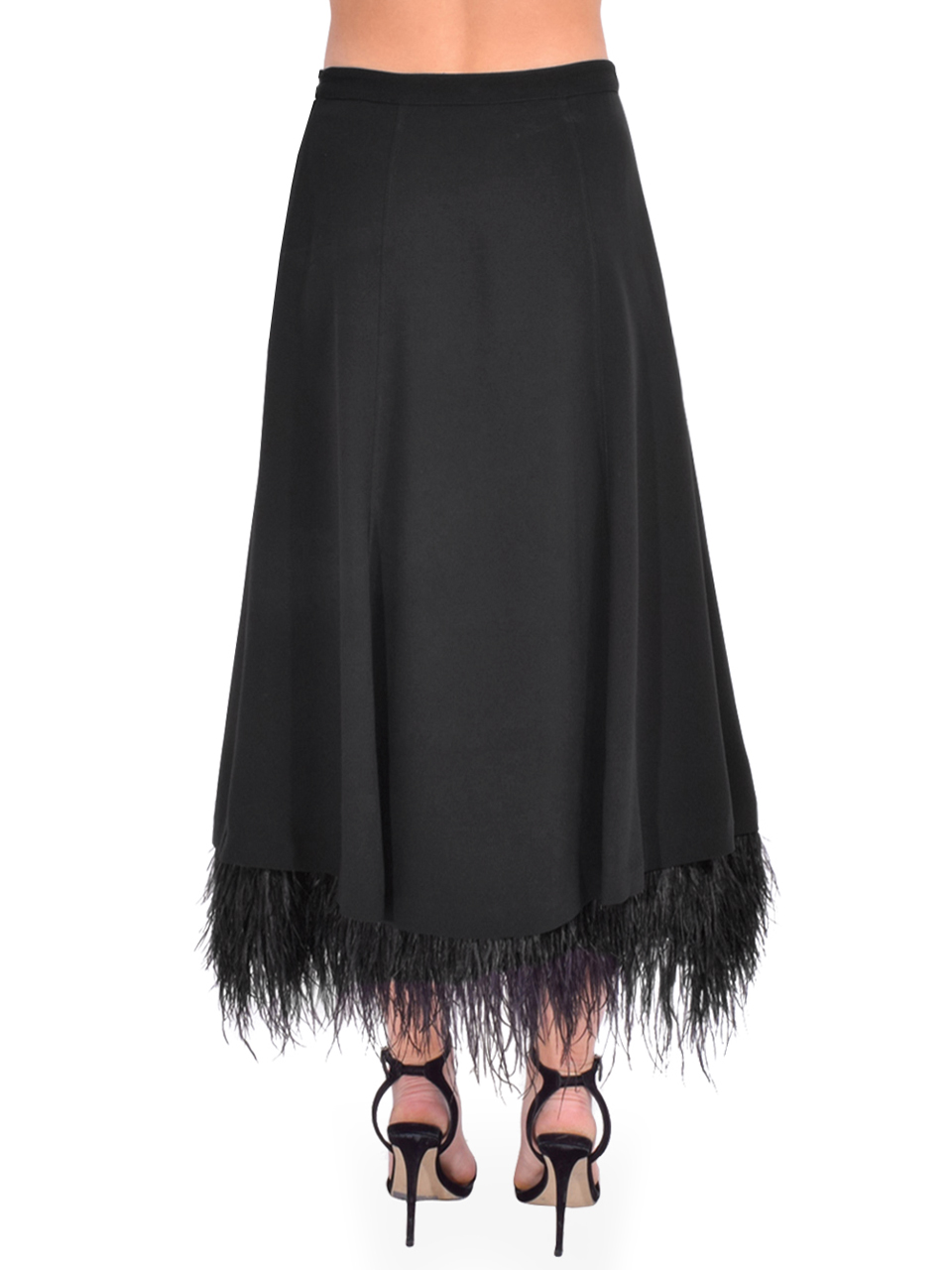 Cinq à Sept Ryleigh Feather Trim Midi Skirt in Black Back View 
