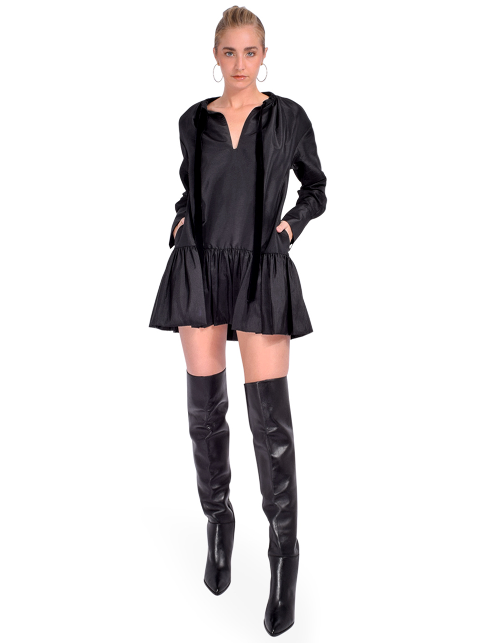 SIMKHAI Edison Long Sleeve Ruffle Mini Dress in Black Front View 2