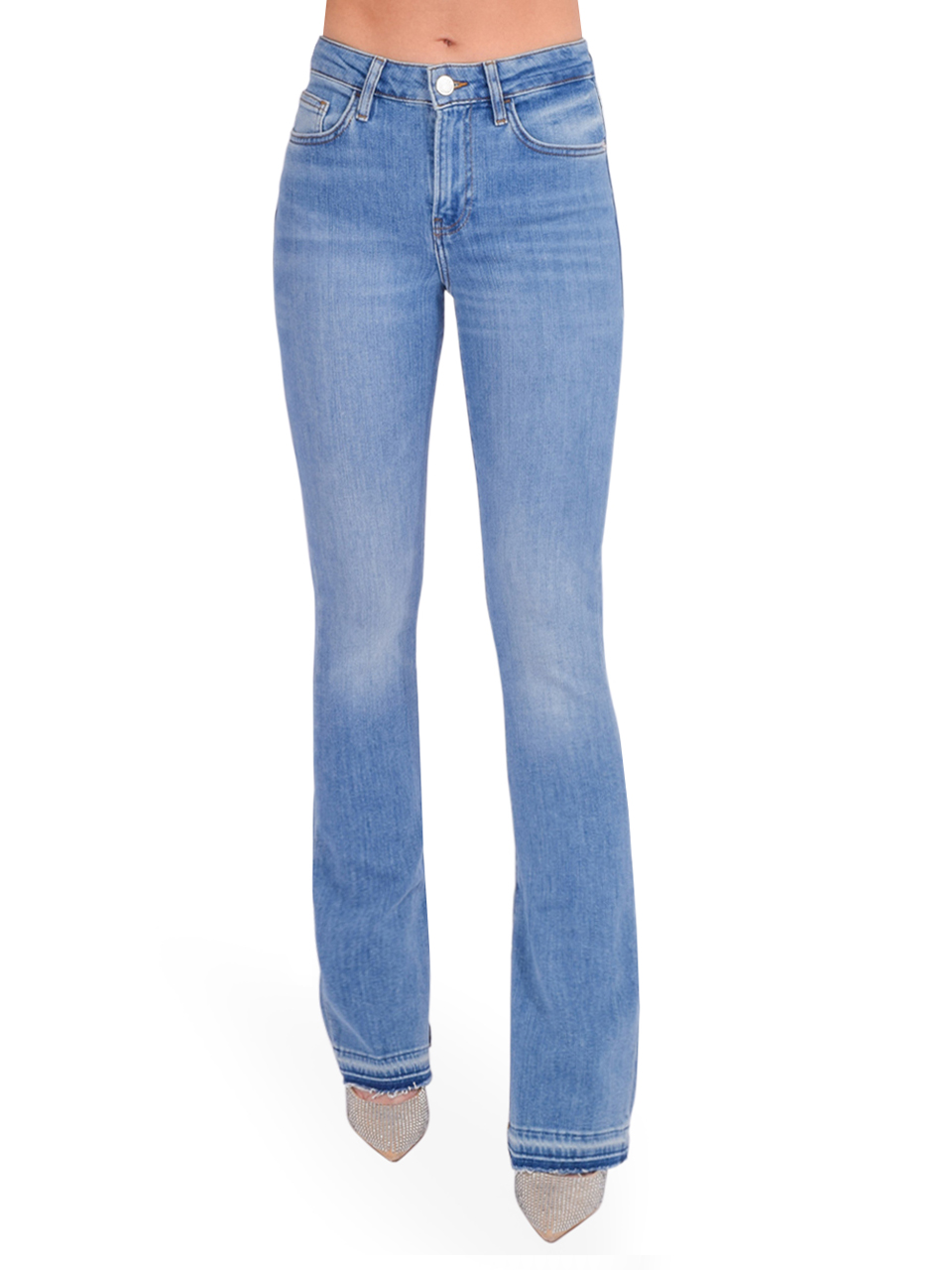 FRAME Le Mini Boot High Rise Bootcut Jean in Wavey Blue Front View 