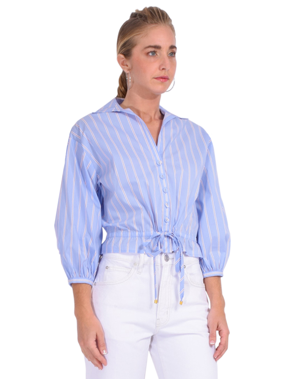 CARA CARA Hutton Button Front Top in Novelty Stripe Blue Side View 