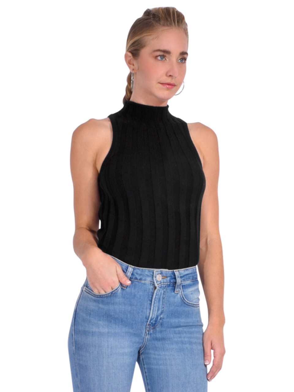 Ribbed Knit Mock Neck Tank Top - Black