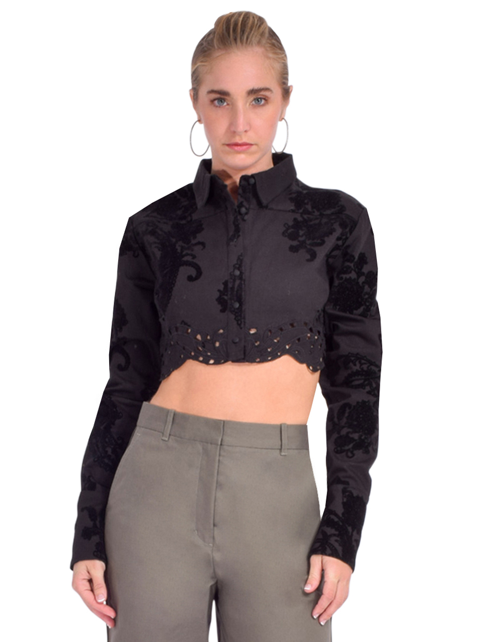 Hemant & Nandita Zuhr Crop Shirt in Black Floral Front View 