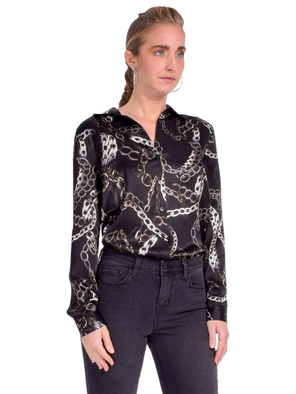 L'AGENCE Tyler Blouse in Black Multi Grunge Chain Side View 

