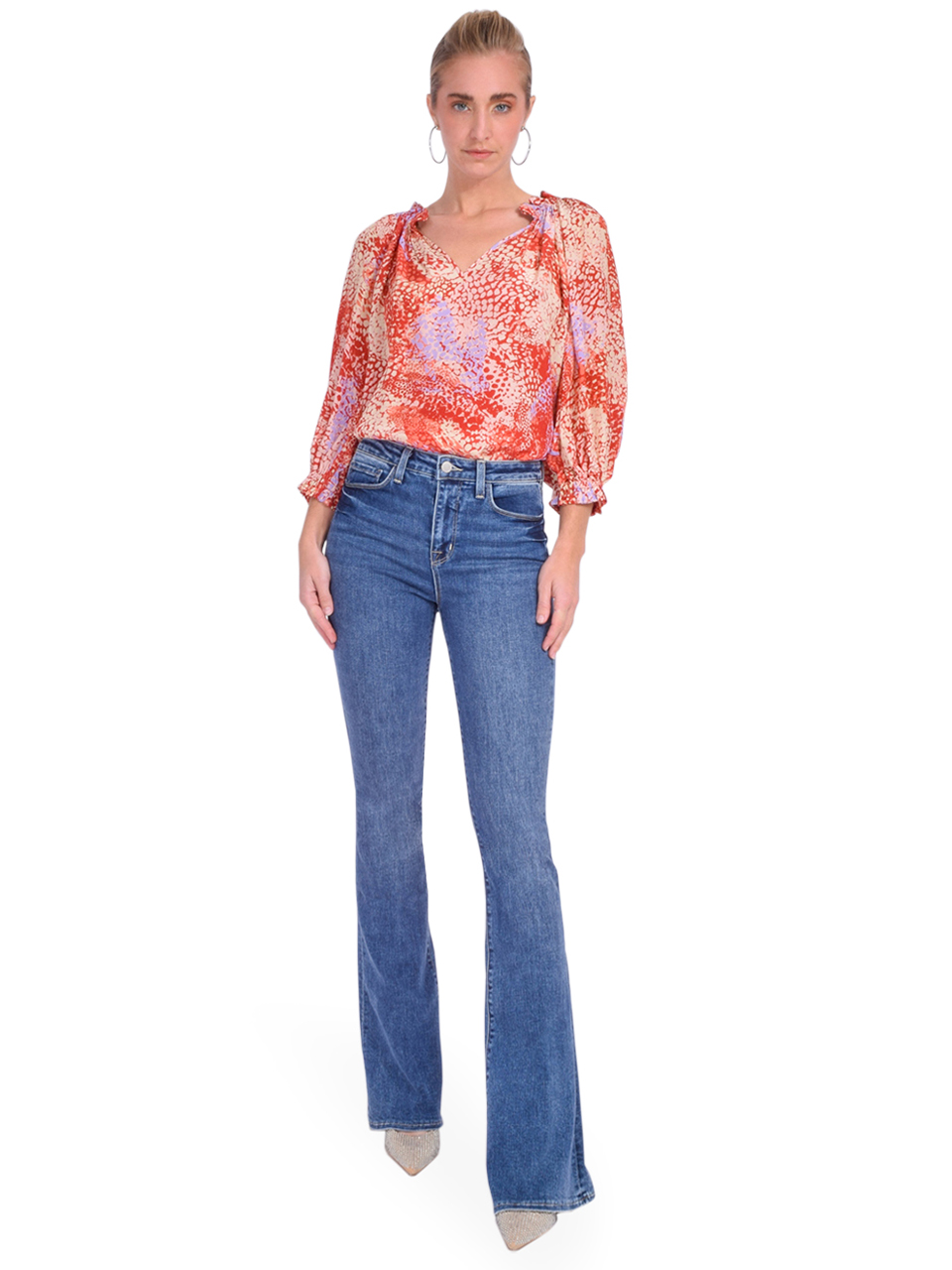 L'AGENCE Marty High Rise Flare Jeans in Rowan Blue Full Outfit 

