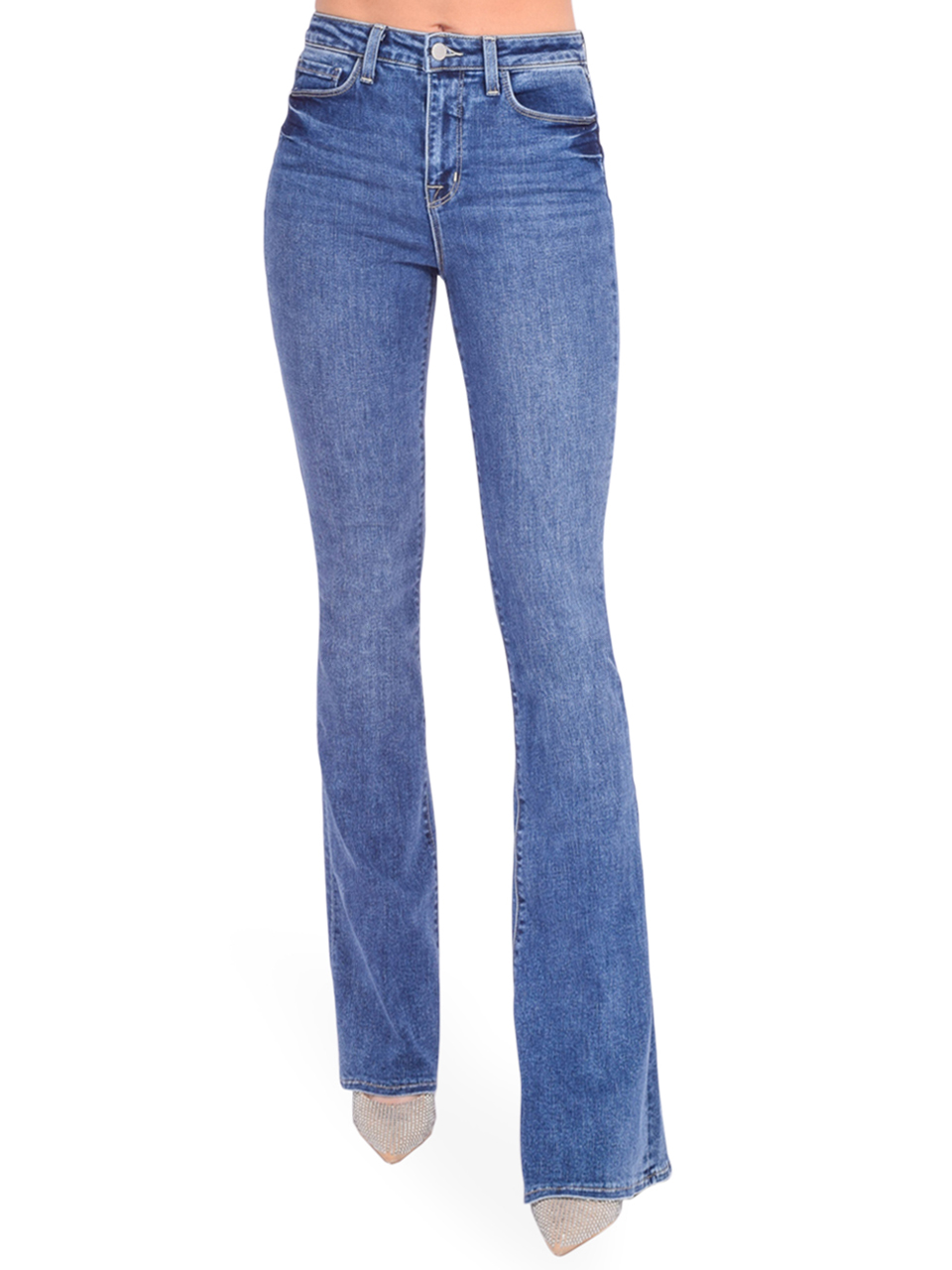 L'AGENCE Marty High Rise Flare Jeans in Rowan Blue Front View 