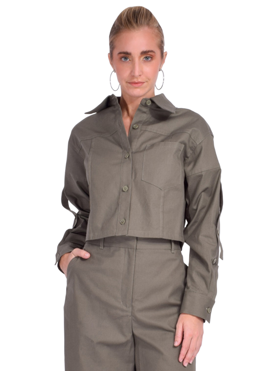 3.1 Phillip Lim Cropped Convertible Shirt Jacket in Army Front View 