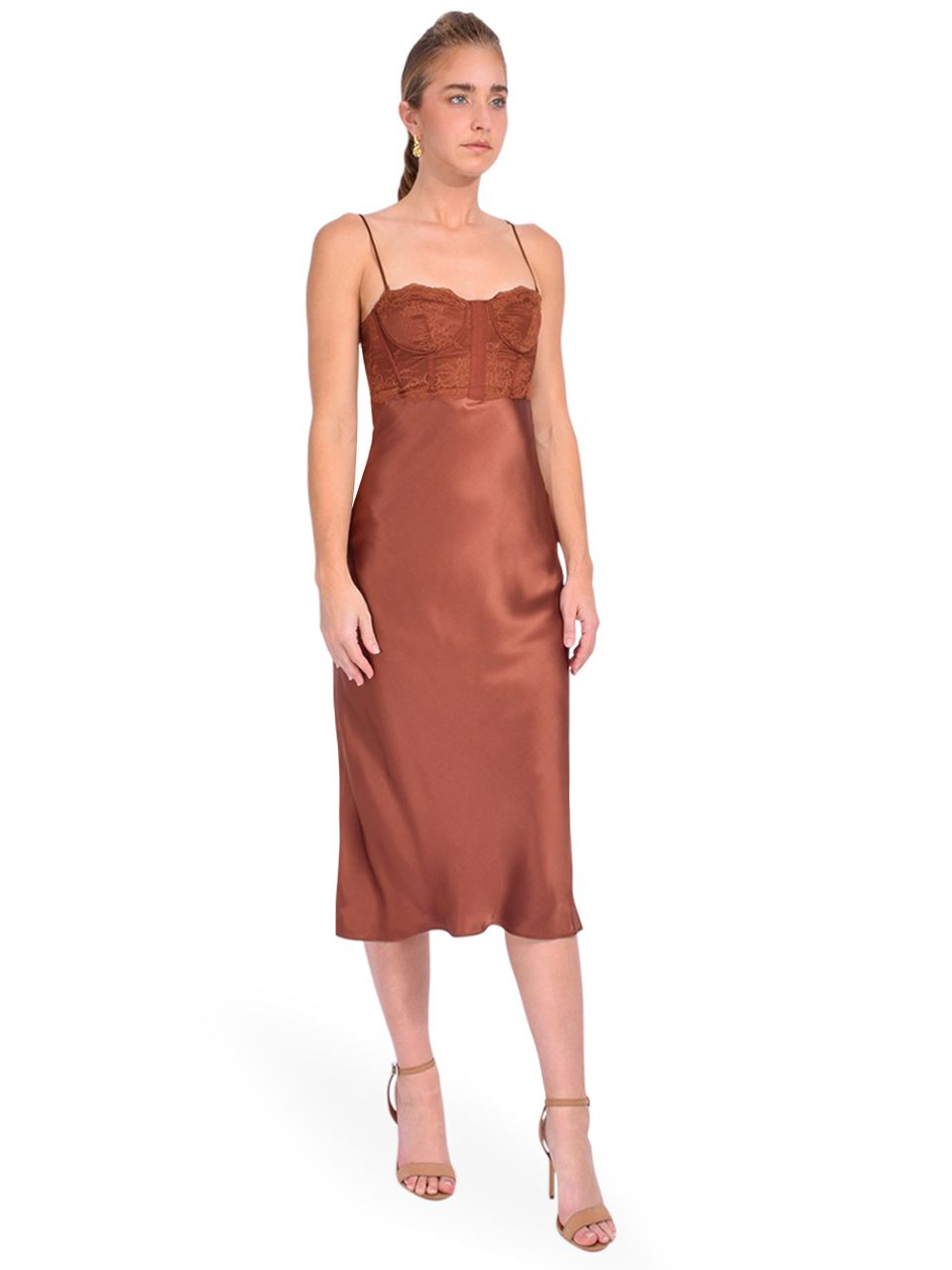 Cami NYC Lara Lace Bustier Slip Dress in Coffee Brown Side View 