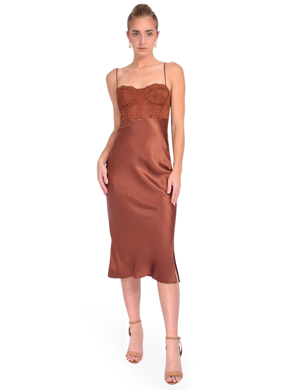 Cami NYC Lara Lace Bustier Slip Dress in Coffee Brown Front View 1