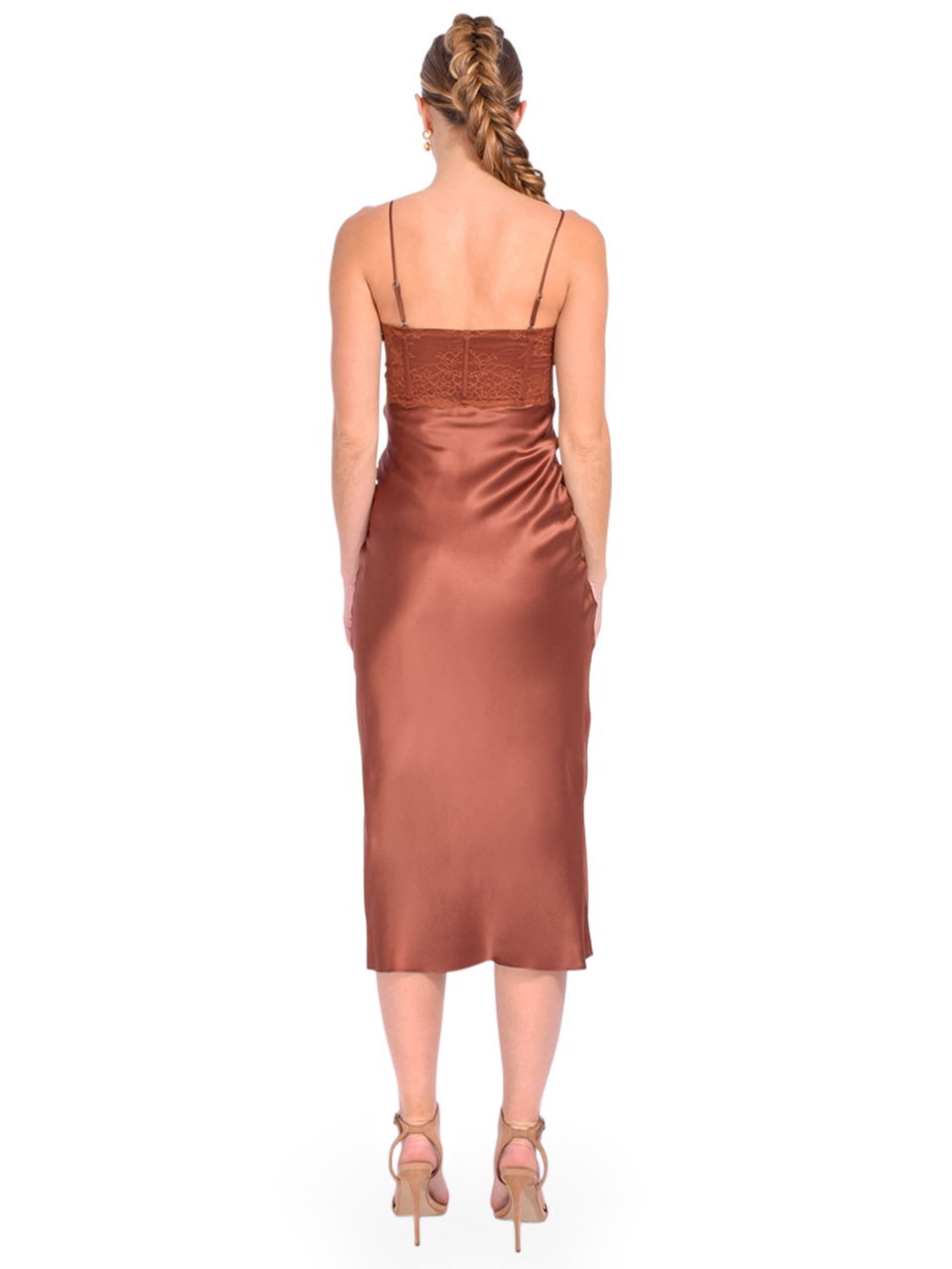 Cami NYC Lara Lace Bustier Slip Dress in Coffee Brown Back View 