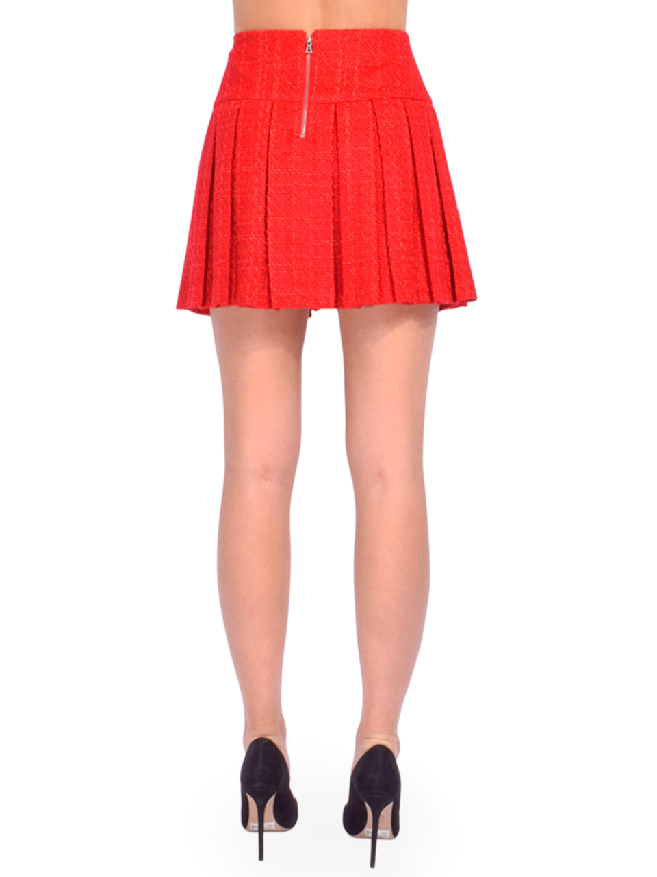 ALICE + OLIVIA Emilie Box Pleated Tweed Mini Skirt in Bright Ruby Back View 