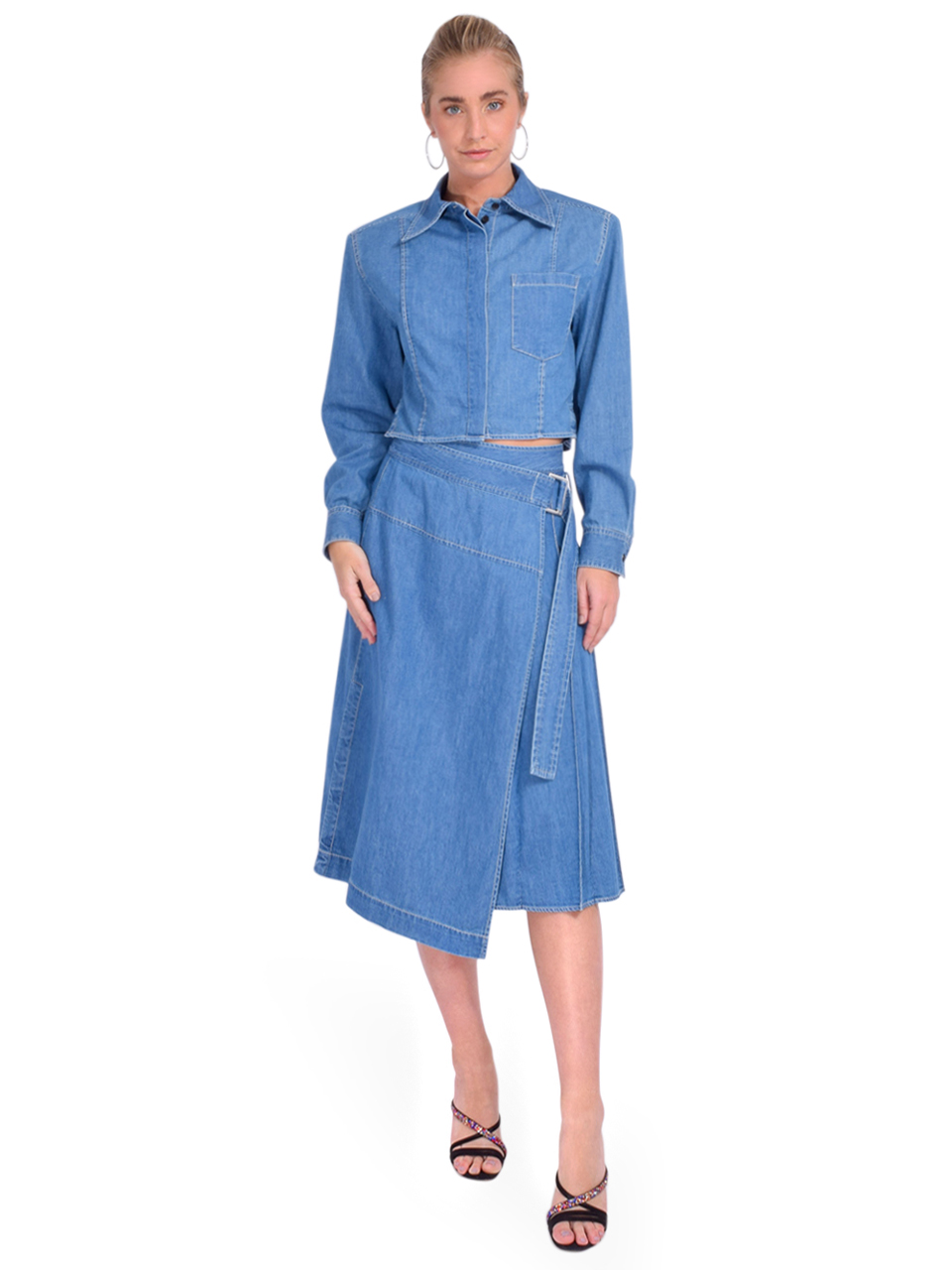 3.1 Phillip Lim Chambray Pleated Wrap Skirt in Indigo Full Outfit 