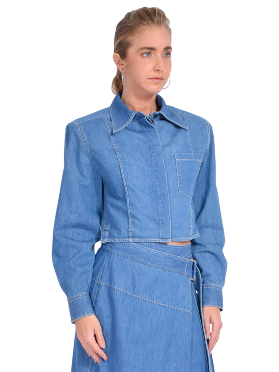 3.1 Phillip Lim Chambray Cropped Shirt with Shoulder Pads in Indigo Side View 