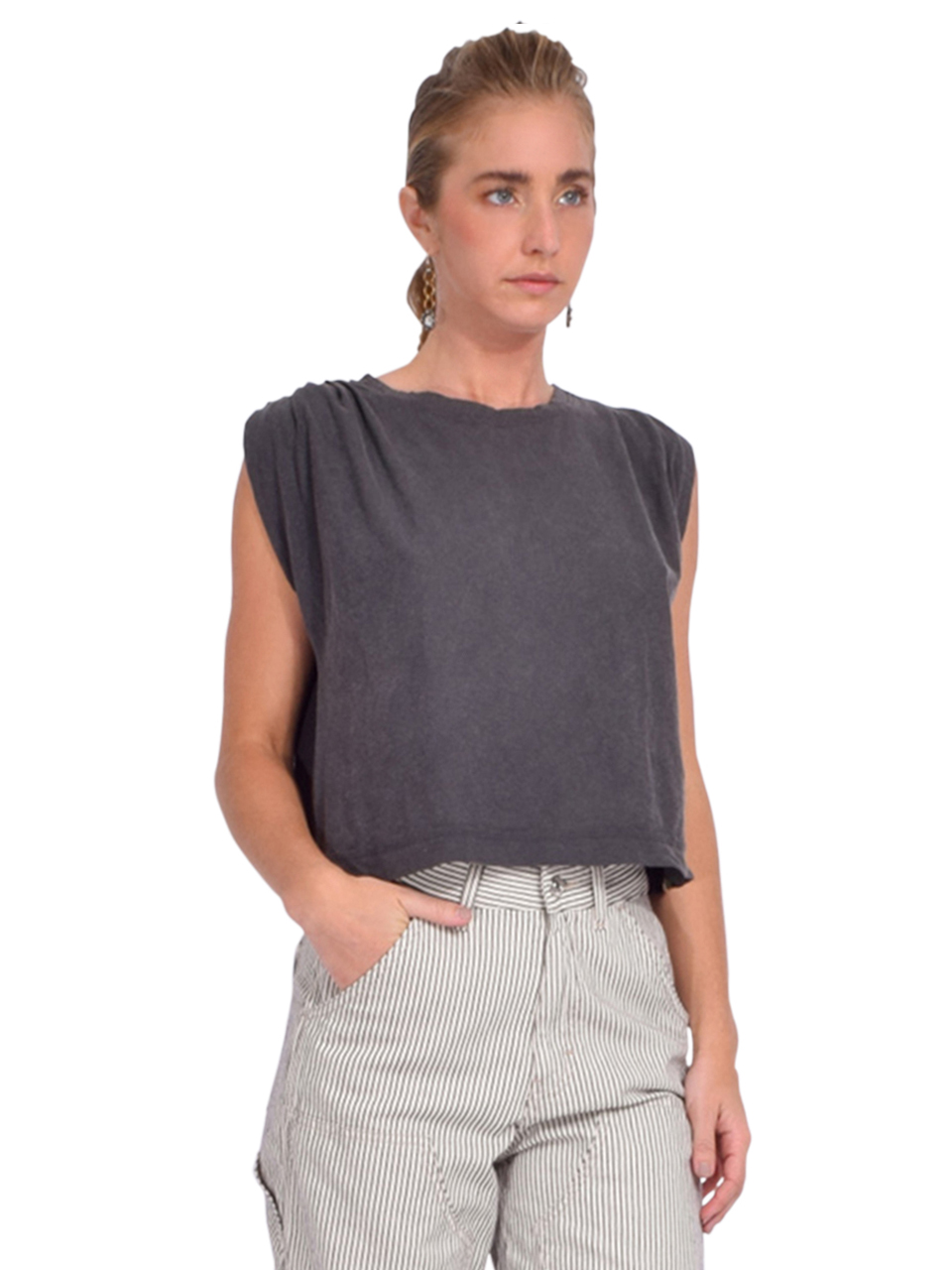 RAGABOND Jackie Pleated Shell Top in Washed Black Side View 