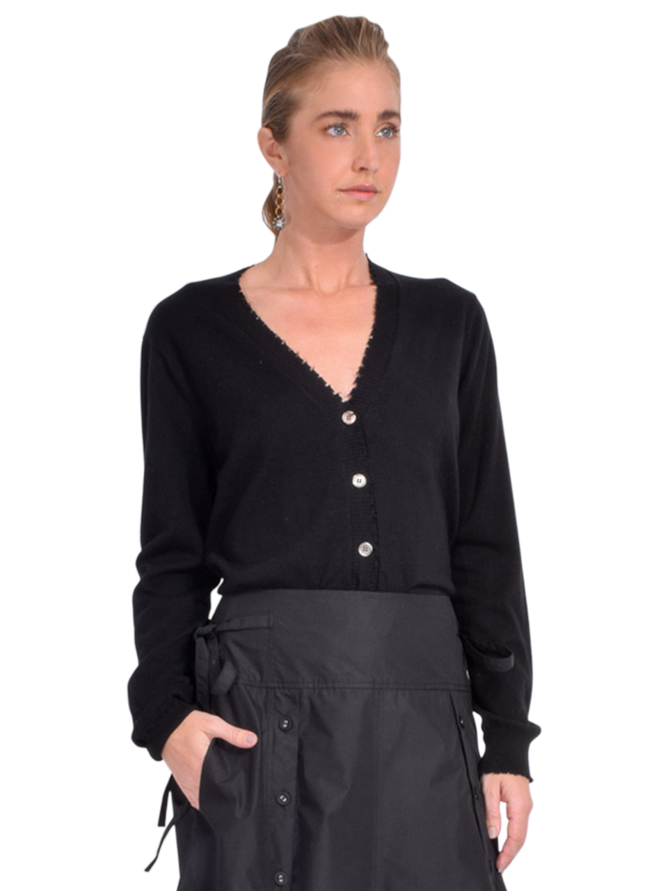 MINNIE ROSE Cotton Cashmere Frayed Cardigan in Black Side View 