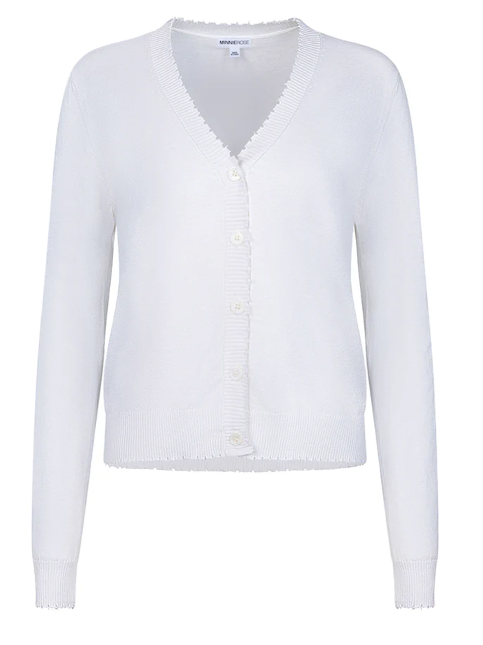 MINNIE ROSE Cotton Cashmere Frayed Cardigan in White Product Shot 