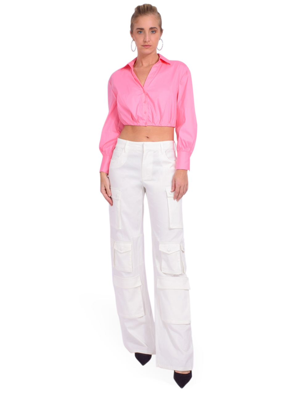 ALICE + OLIVIA Trudy Cropped Pleated Blouson Top in Cherry Blossom Full Outfit 