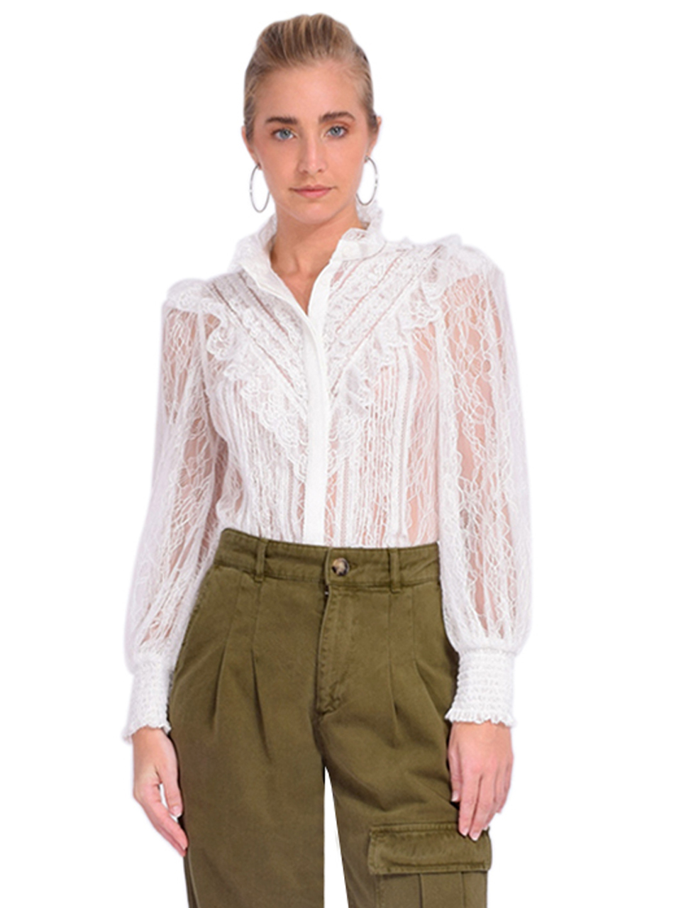 ALICE + OLIVIA Rheba Mock Neck Lace Blouse in Off White Front View
