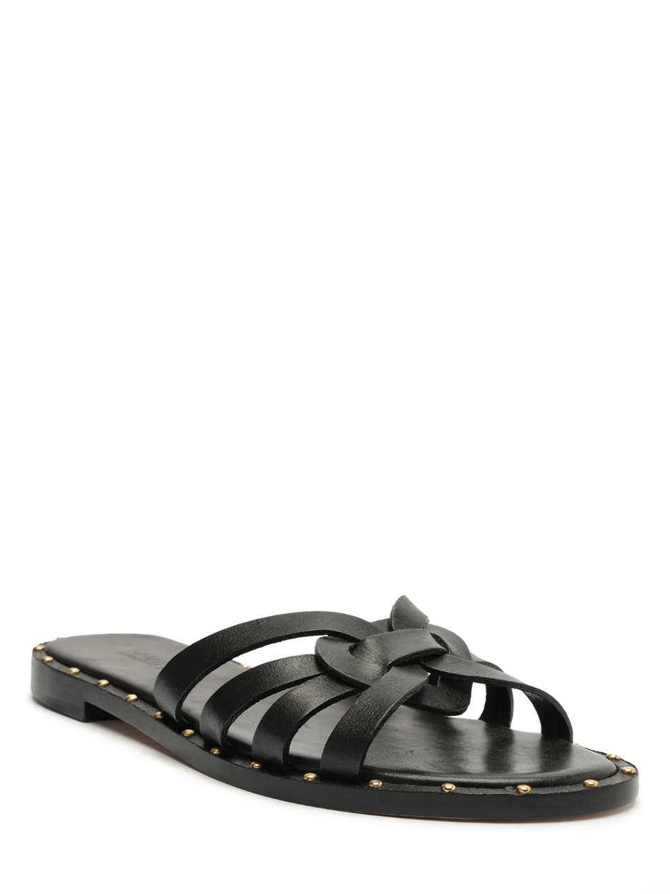 SCHUTZ Phoenix Flat Leather Sandal in Black Front Side View 
