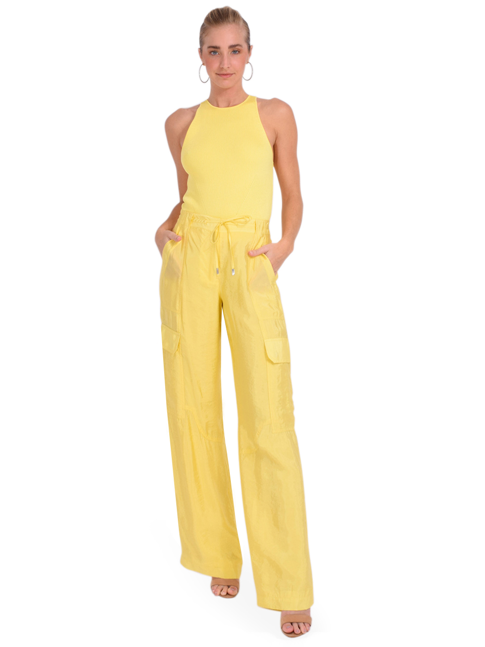 SIMKHAI Aurora Parachute Utility Pant in Sulfur Yellow Full Outfit 