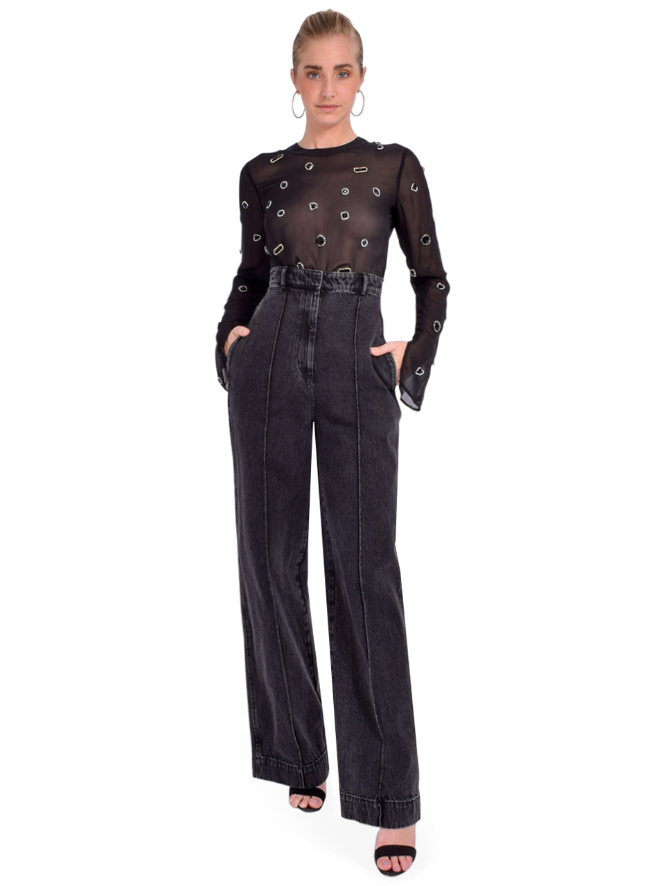 3.1 Phillip Lim Halo Embroidered Chiffon Long Sleeve Top in Black Full Outfit 