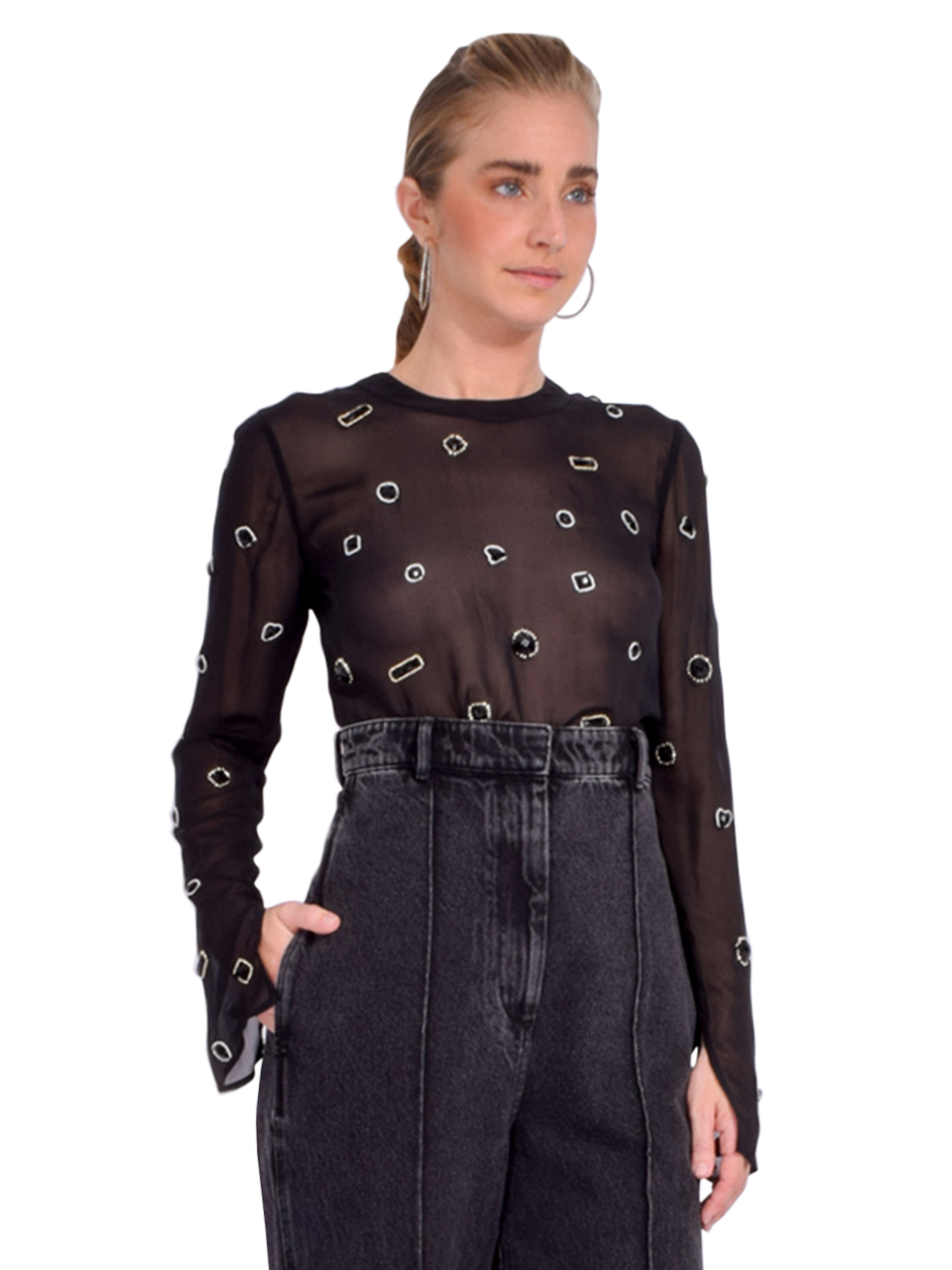 3.1 Phillip Lim Halo Embroidered Chiffon Long Sleeve Top in Black Side View 