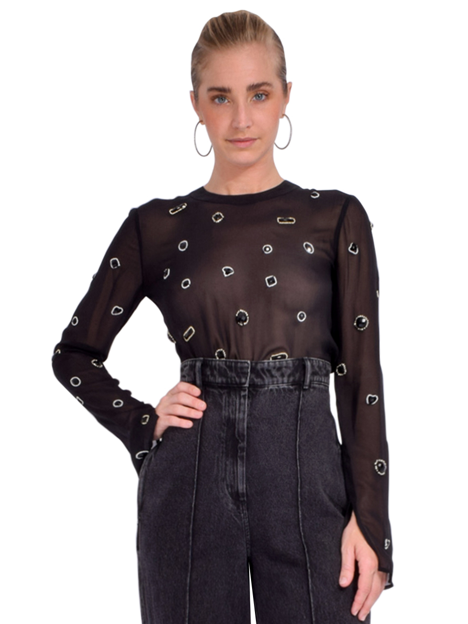 3.1 Phillip Lim Halo Embroidered Chiffon Long Sleeve Top in Black Front View 