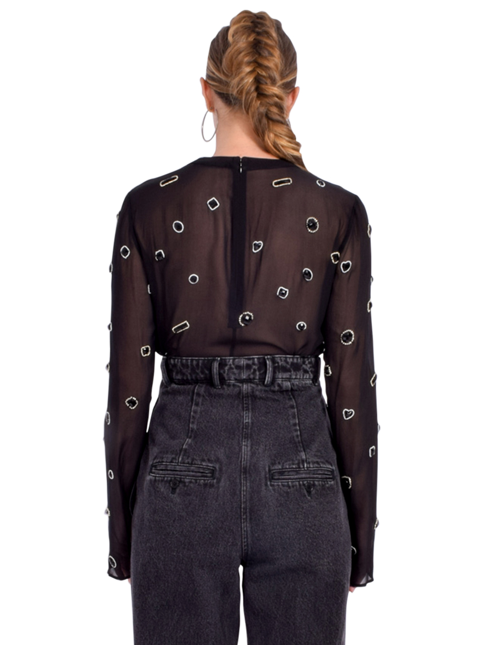 3.1 Phillip Lim Halo Embroidered Chiffon Long Sleeve Top in Black Back View 