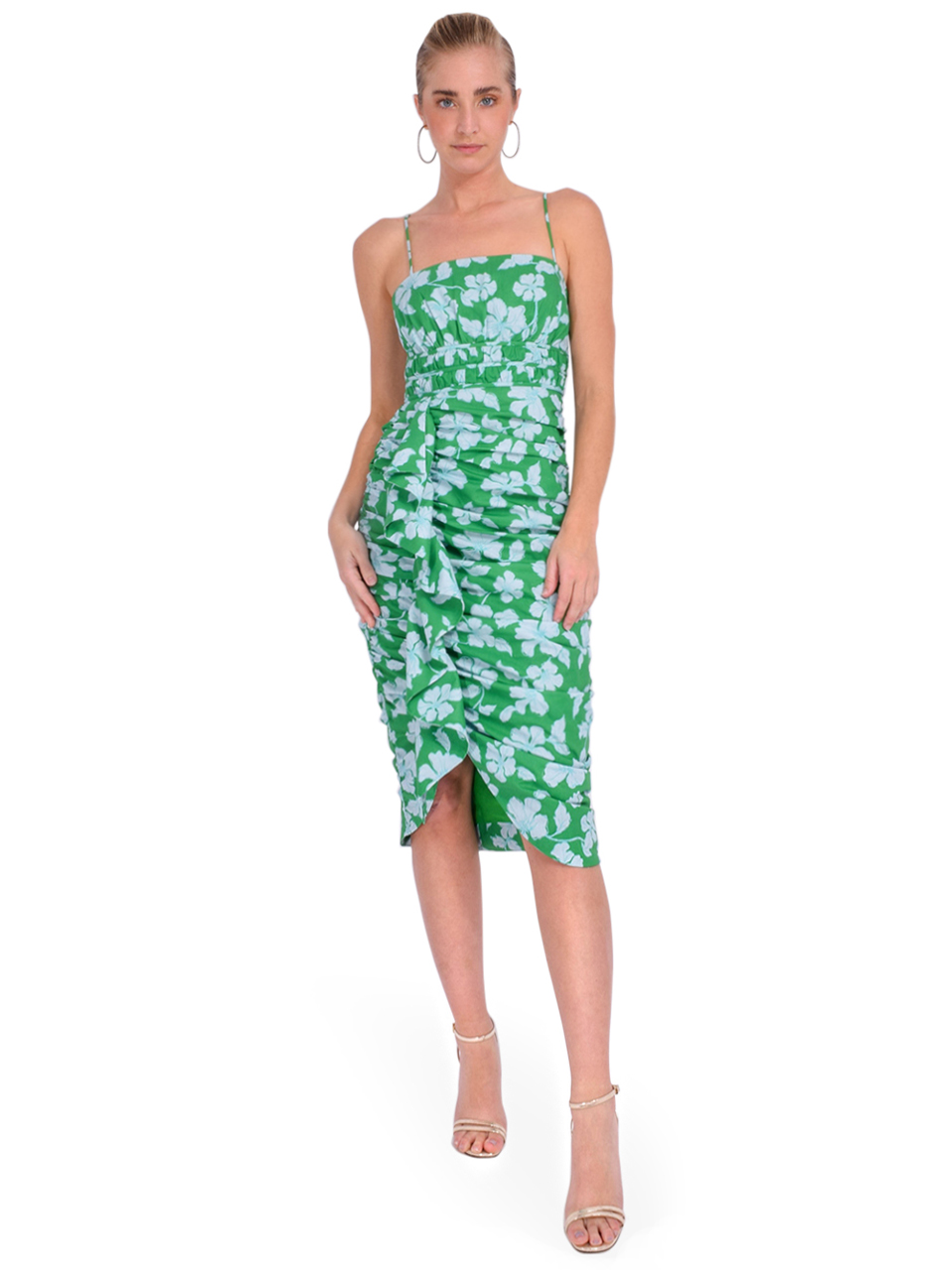 AMUR Olly Ruched Midi Dress in Green Frog Flower Front View 1

