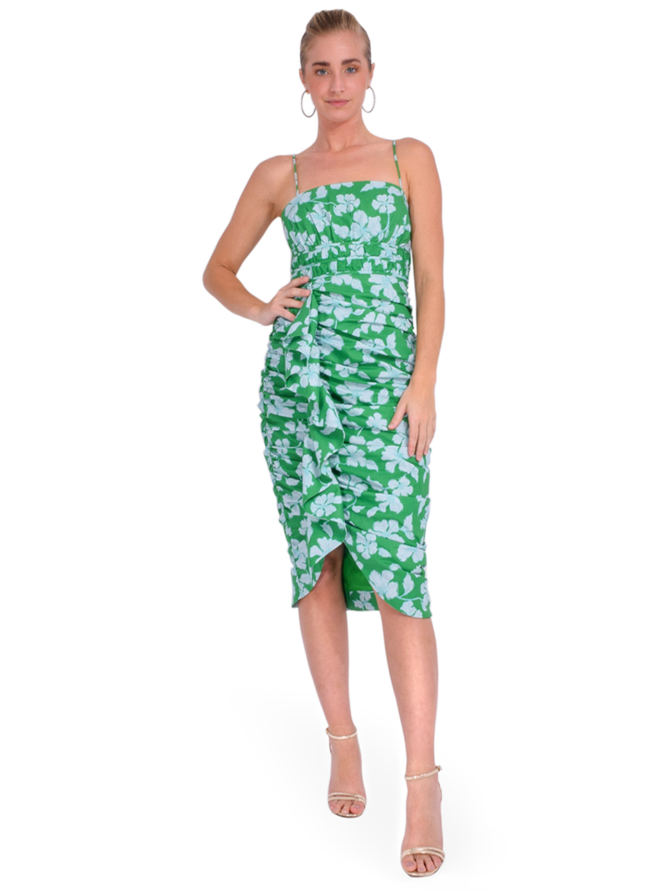 AMUR Olly Ruched Midi Dress in Green Frog Flower Front View 2
