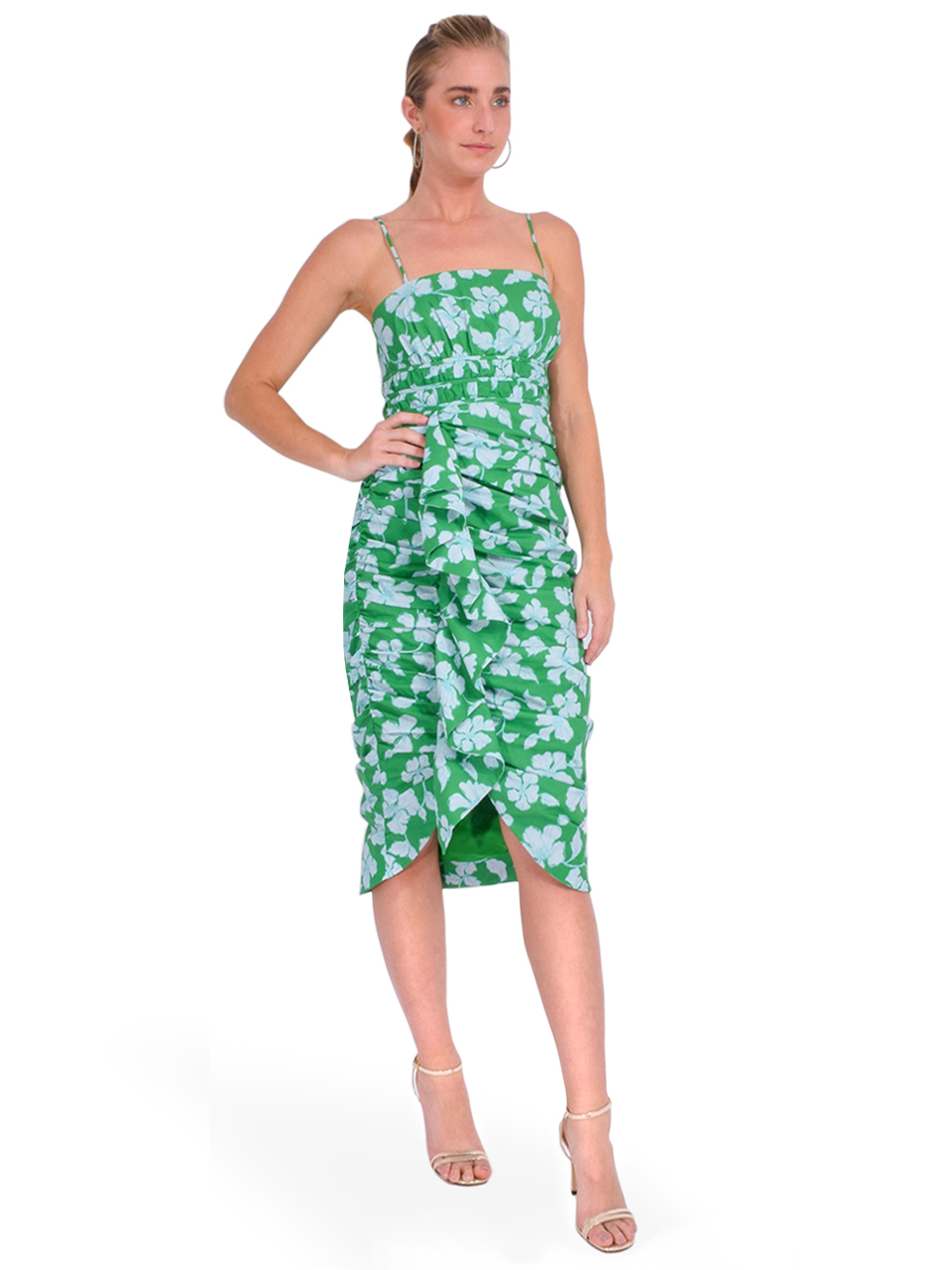 AMUR Olly Ruched Midi Dress in Green Frog Flower Side View 

