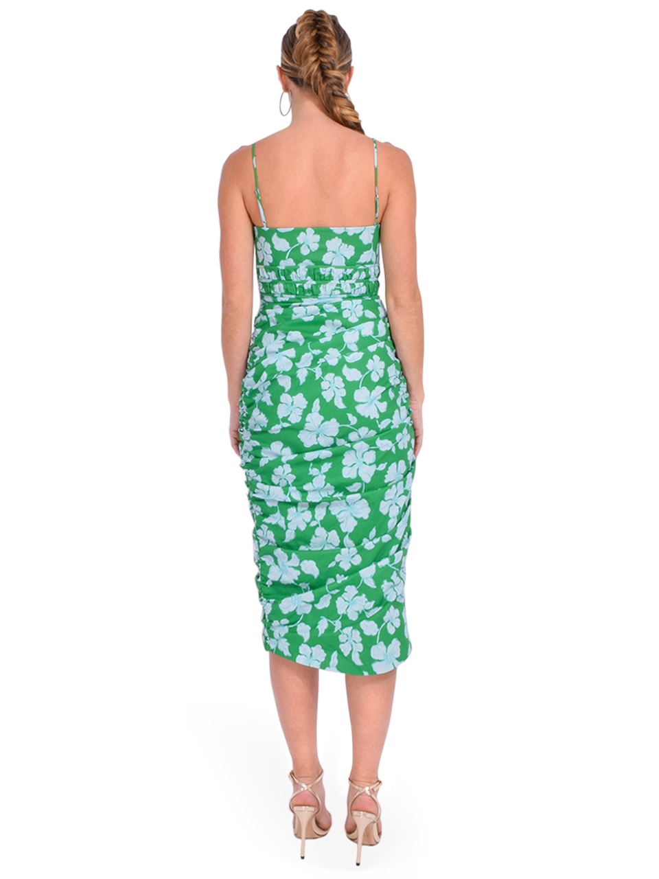 AMUR Olly Ruched Midi Dress in Green Frog Flower Back View 
