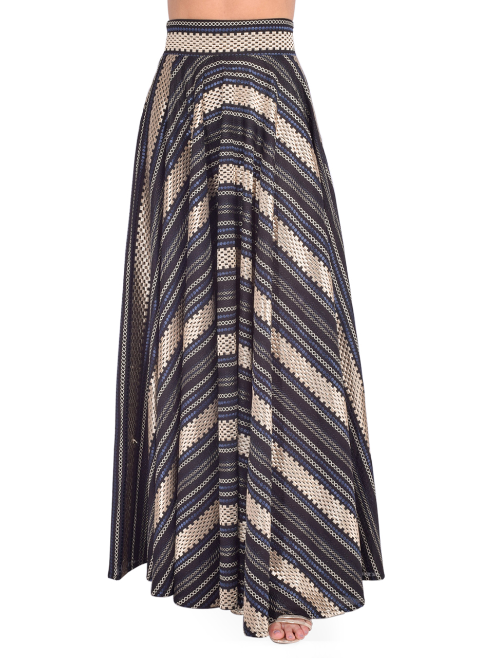 LACE Maxi Skirt in Black/Gold/Navy Stripe Front View 